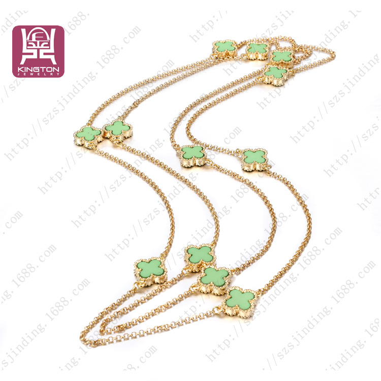 韩版钛钢12颗绿四叶草项链 超长女款项链饰品 双层混搭毛衣链