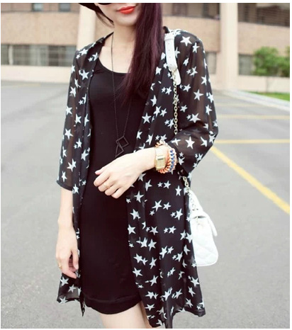 韩版星星图案宽松九分袖<em>中长款开衫雪纺衫</em> 薄