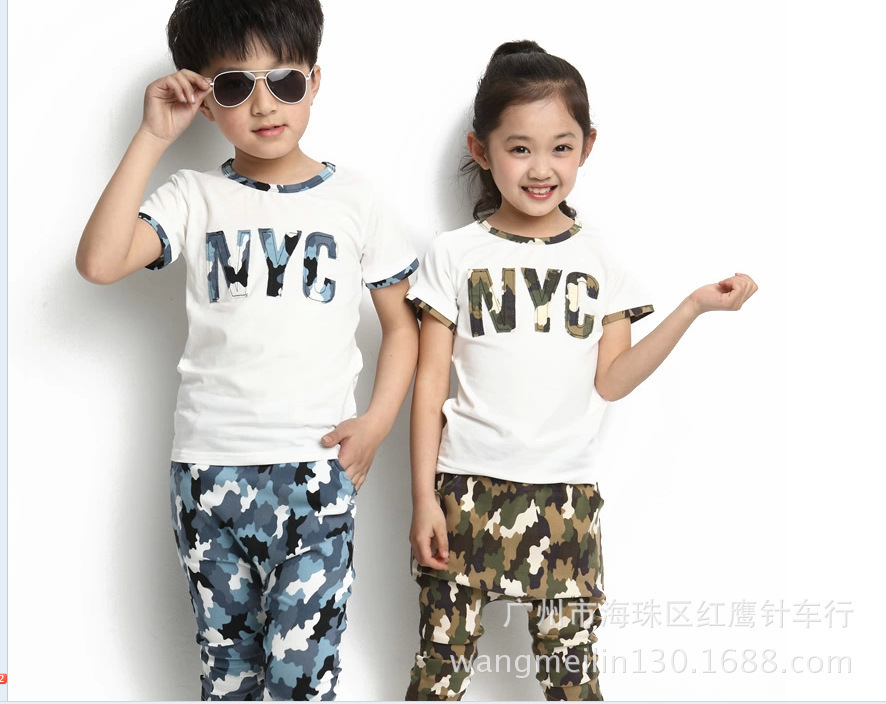 童裝2014新款女童刺繡迷彩兒童夏款男童中大童寶寶
