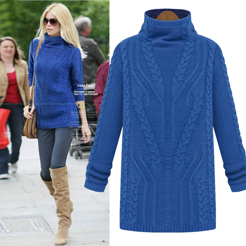 新款<em>毛衣</em> 女套头高领<em>中长款</em>修身麻花<em>针织</em>衫 秋