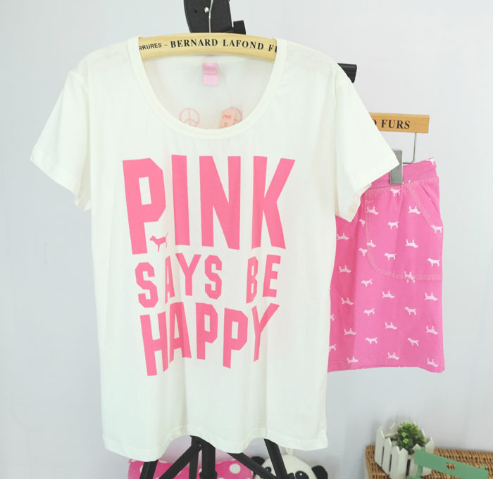 夏季新款纯棉<em>女士</em>PINK<em>睡衣运动</em>休闲短袖短裤