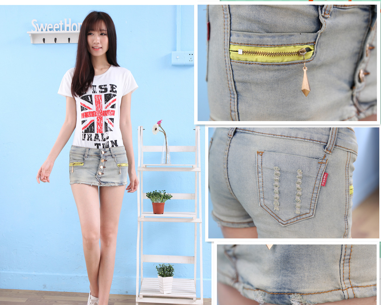 【实拍2014磨白磨破毛边<em>牛仔</em>短裤排扣<em>短裤裙</em>
