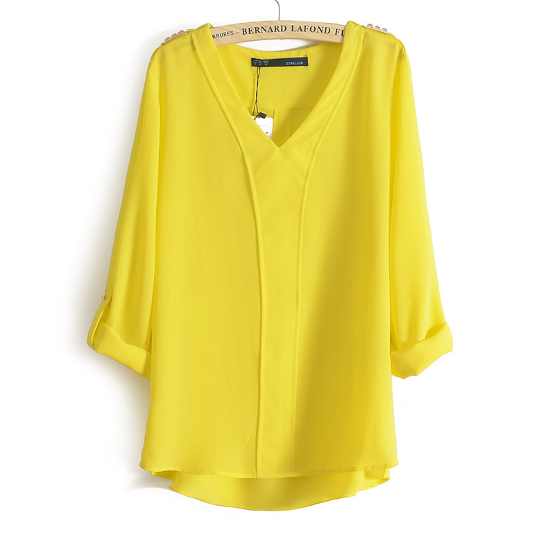 <em>女装</em>2014<em>春季新款</em>韩版休闲V领雪纺<em>衬衫</em>女长袖