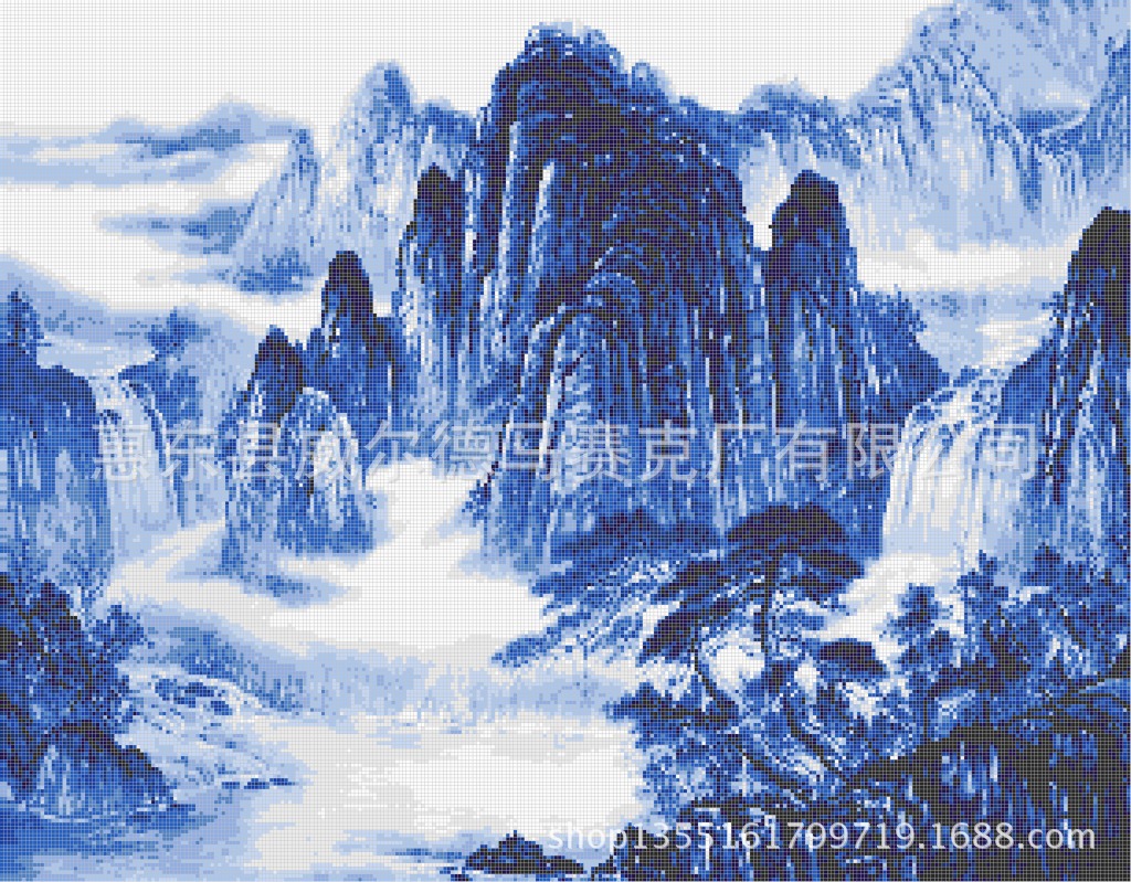 10蓝色系风水山水画马赛克拼图前台接待风水画 厂家供应