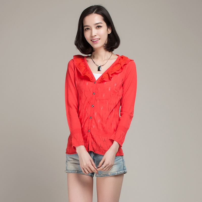 14春季新品娃娃<em>领女</em>针织<em>开衫</em> 镂空毛衣<em>外套</em>一