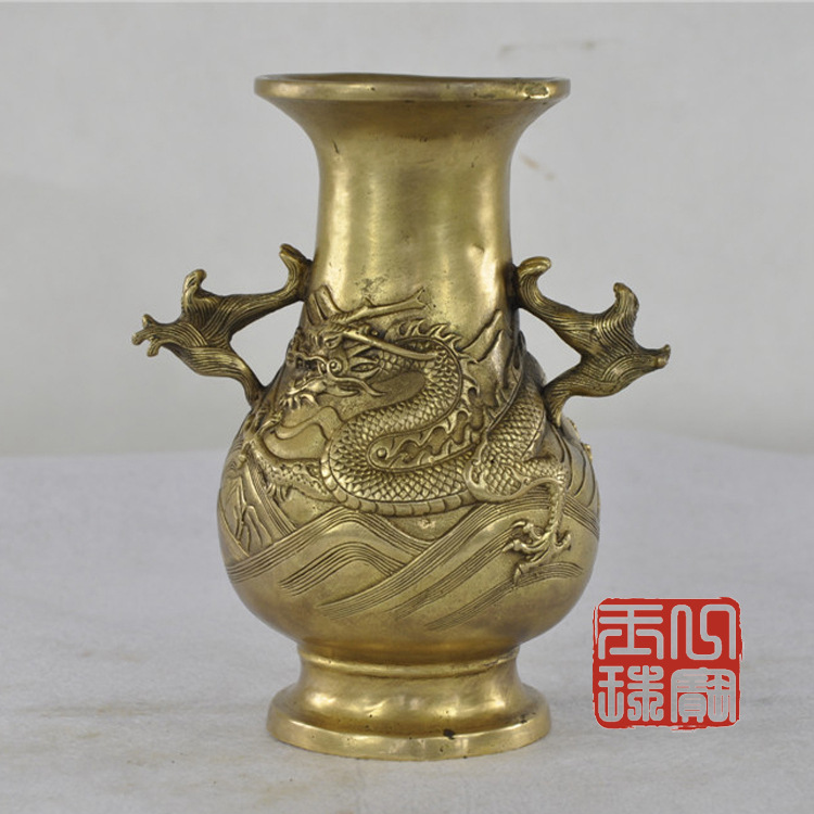 批发黄铜工艺品花瓶摆件纯铜仿古单龙花瓶家居摆件