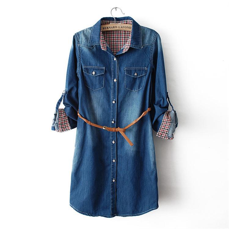 爆款!2013秋季新款翻领格子牛仔中长款开衫衬