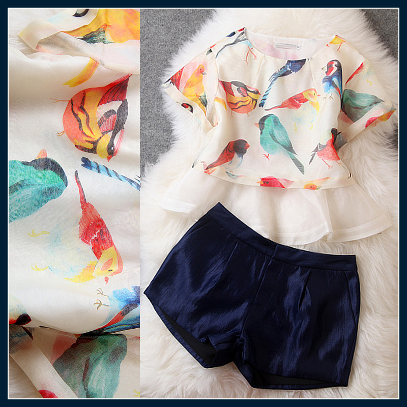 2014夏季新款真丝<em>欧根纱</em>印花<em>上衣</em>加<em>短裤套装</em>