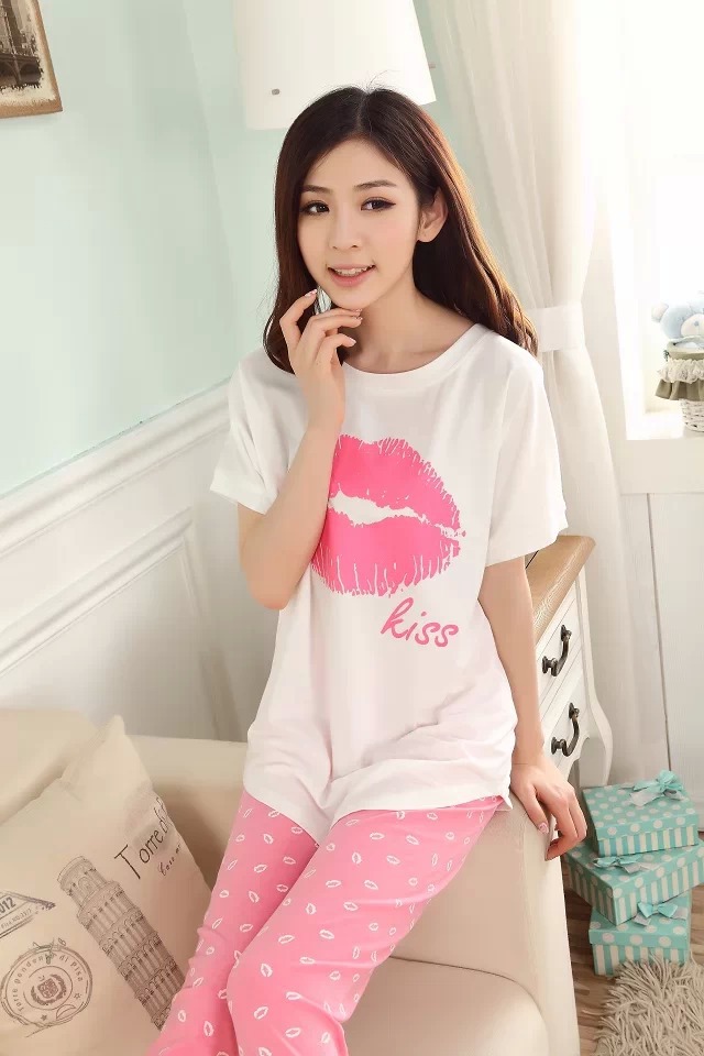 韩国pink<em>睡衣套装家居服女士</em>短袖大嘴唇印kis