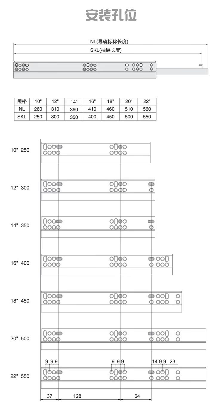 二节反弹隐藏式滑轨孔位