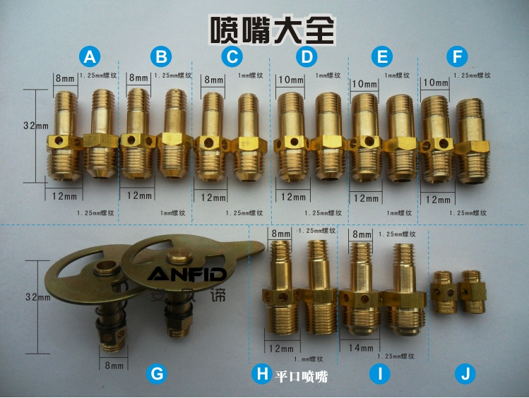 8mm,牙距(2条螺纹之间的距离):1mm 材质:全铜 此喷嘴为目前燃气灶***