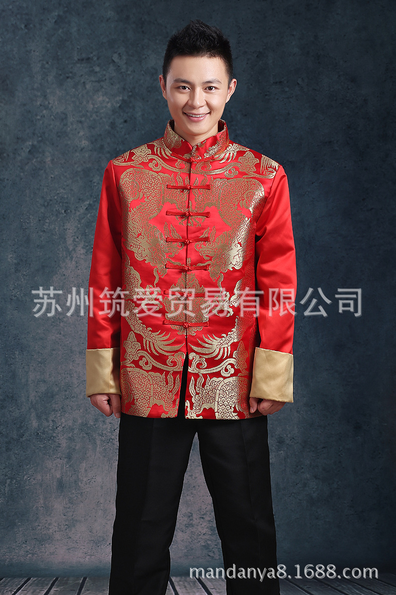 中式婚礼新郎长袖秀禾服男士唐装中山装红色结婚礼服古装喜服新款