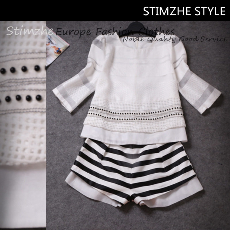 1660 欧美2014夏季新<em>欧根纱上衣</em>条纹<em>短裤</em>两件