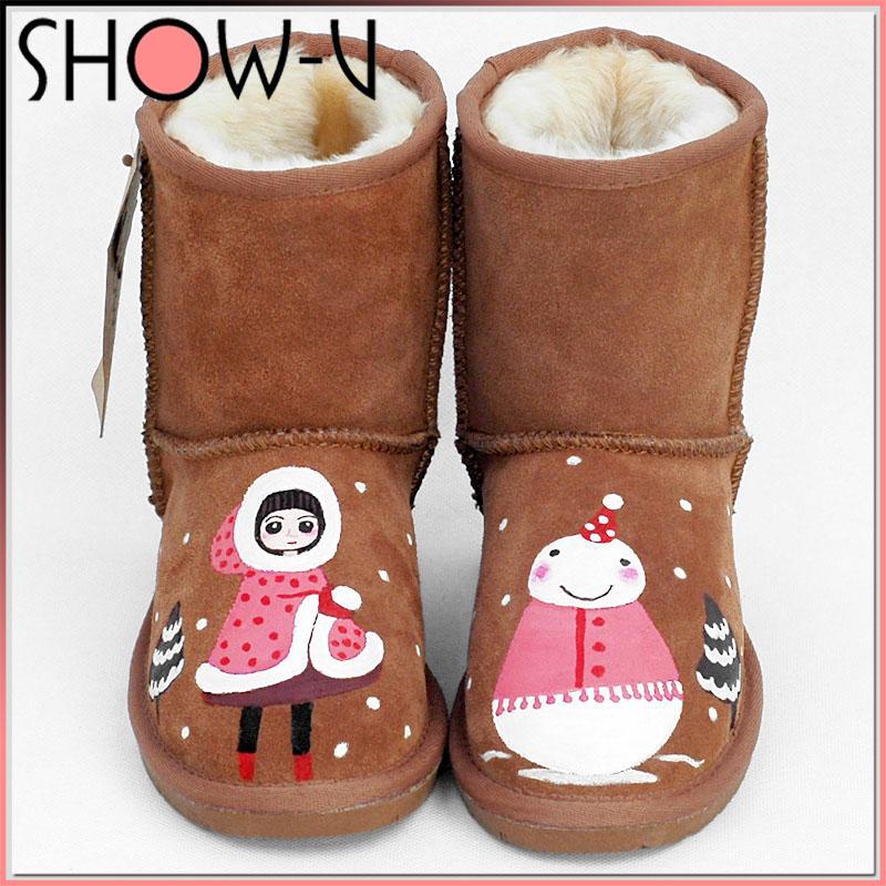 真皮兒童雪靴 雪人手繪女童鞋 牛筋底防水親子靴子冬季棉靴批發工廠,批發,進口,代購
