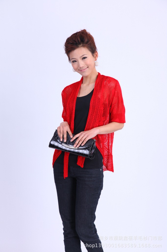 批发采购<em>女式</em>针织衫-中袖<em>圆摆</em>针织<em>开衫</em>镂空批