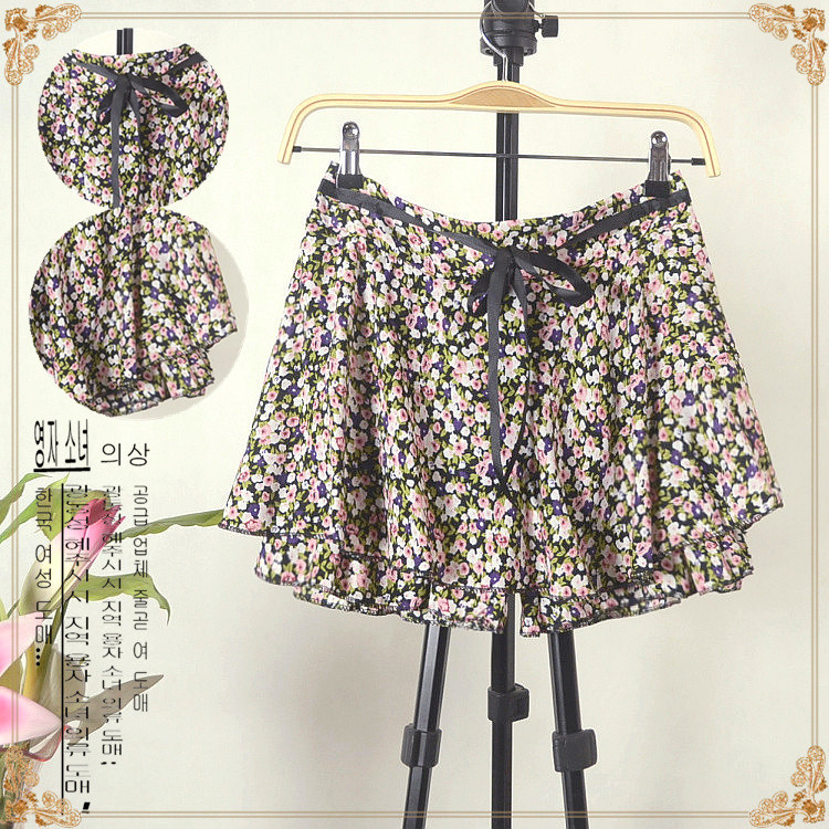 田园风格百搭松紧腰系绳小<em>碎花短裤</em>裙打底裤 