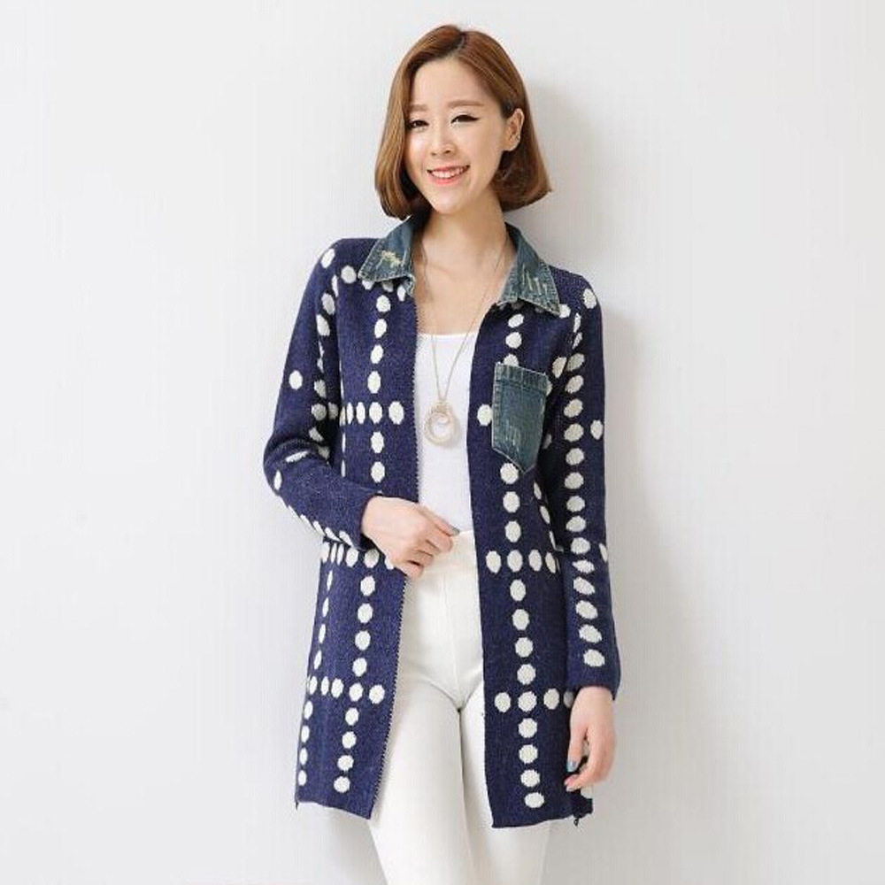 韩版女装2014<em>秋季</em>新款<em>女式中长款开衫</em>牛仔翻