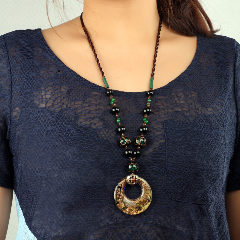 民族风个性夸张饰品<em>复古</em>波西米亚琉璃<em>长款</em>项链