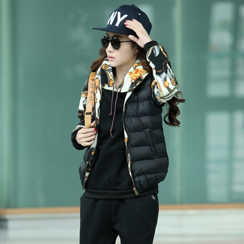 时尚精品冬装手塞羽绒棉马甲抓绒<em>卫衣三件套</em>韩