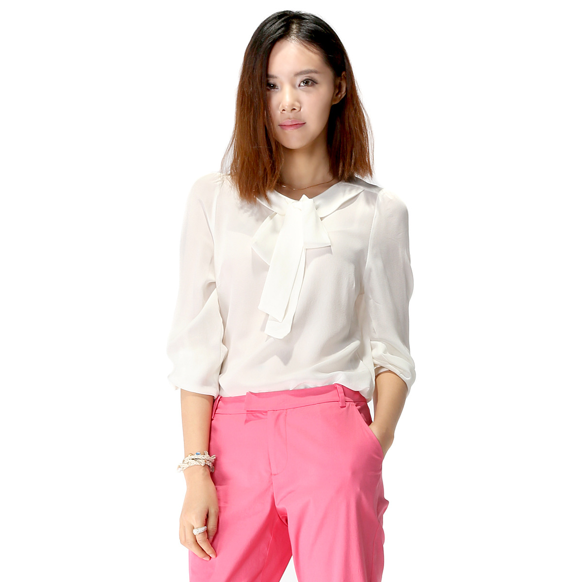 2014年春夏季新款真丝女装上衣 纯色圆领长袖