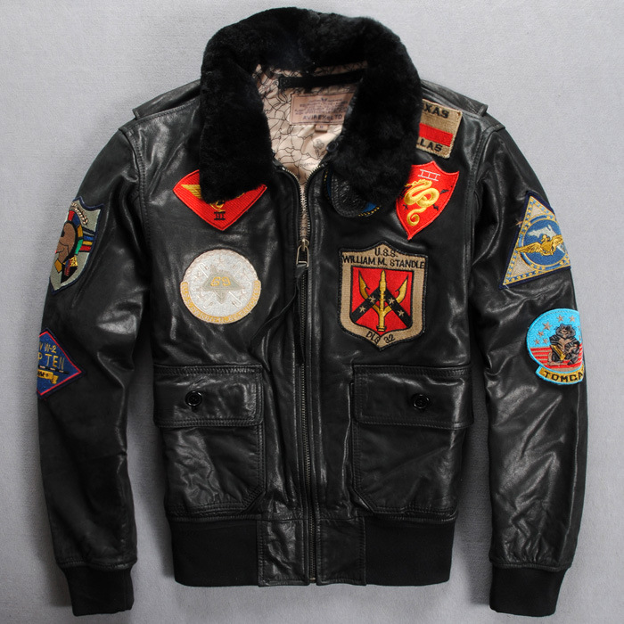 艾维莱克av羊羔毛领真皮皮衣男磨砂牛皮多标空军飞行服皮夹克外套