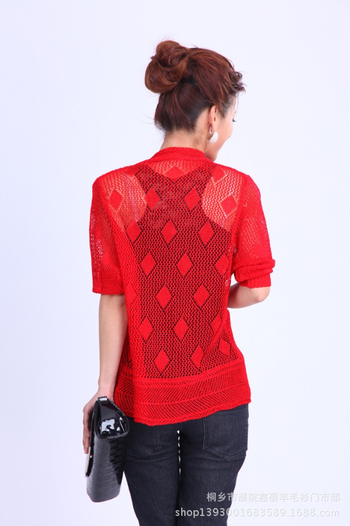 批发采购<em>女式</em>针织衫-中袖<em>圆摆</em>针织<em>开衫</em>镂空批