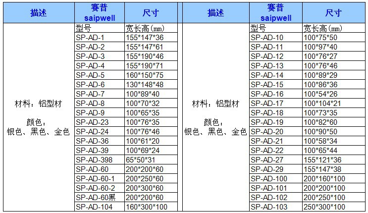 SP-AD尺寸表