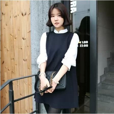 新款2014 春装百搭<em>娃娃领</em>衬衫拼接<em>马甲</em>式<em>连衣</em>