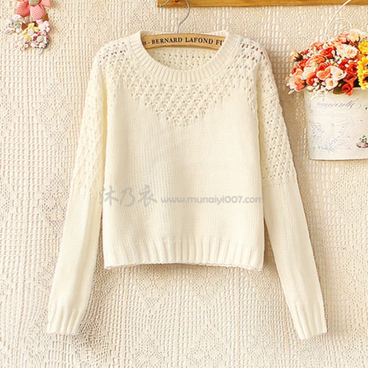 2014春新款韩版<em>圆领</em>镂空长袖百搭<em>短款针织</em>衫