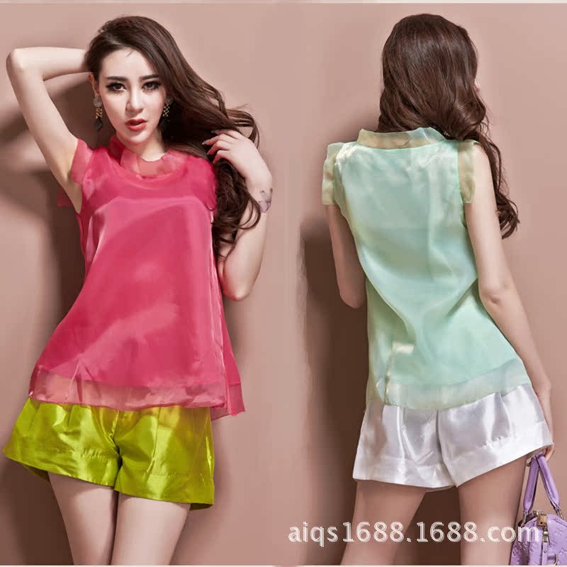 欧美<em>2014</em>春夏新款<em>女装</em> 百搭甜美欧根沙上衣+