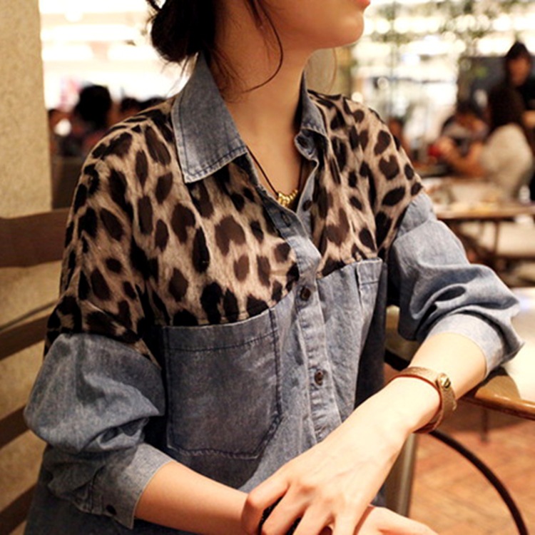 韩国代购2014<em>春季</em>新款<em>女装</em>拼接<em>豹纹</em>宽松牛仔