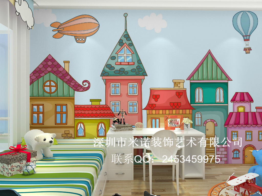 3d大型壁画 儿童房男孩女孩卡通背景墙纸壁纸 可爱幼儿园彩色城堡