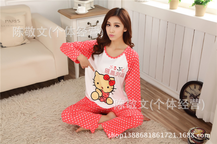 【厂家直销<em>睡衣女</em>长袖<em>春秋季可爱</em>卡通kt猫套装