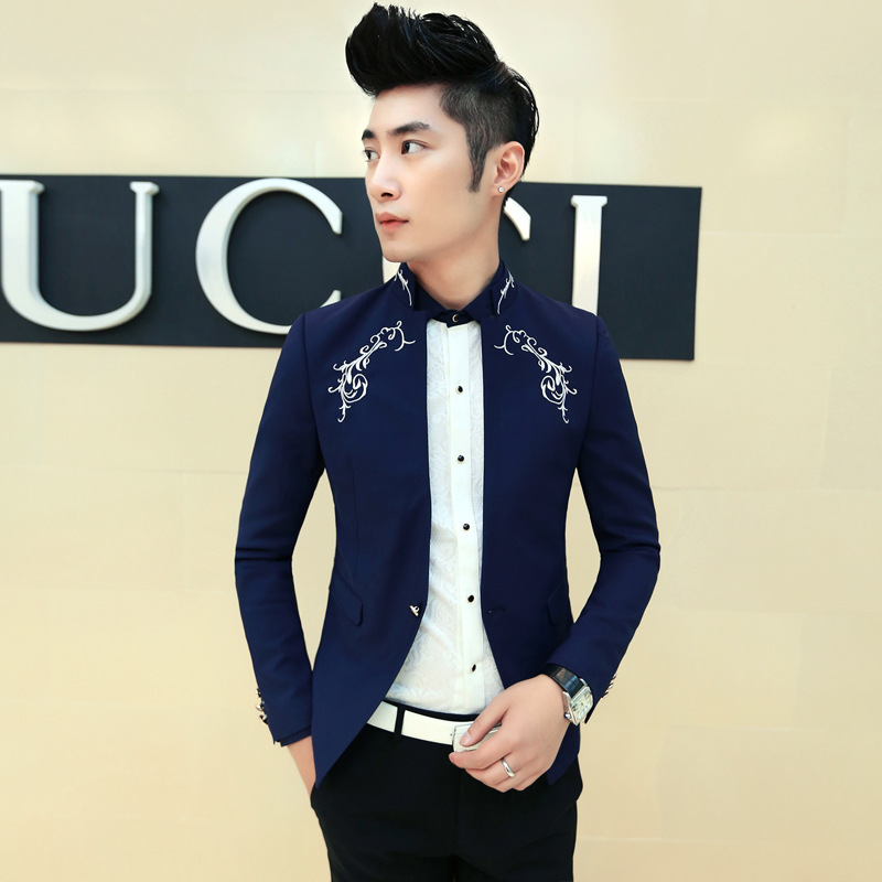 4秋冬新款刺绣男式韩版修身西服美发师<em>潮流</em>小