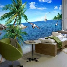 3d椰树大海天空自然风景 电视背景墙纸壁纸客厅卧室沙发大型壁画