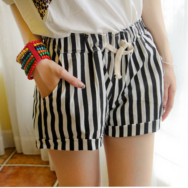 新款春夏韩版竖条纹<em>纯棉短裤女</em>糖果色松紧腰休