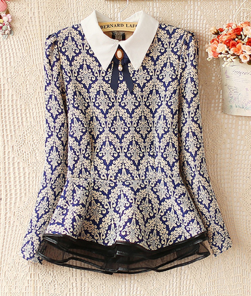 <em>2014春季</em>新品<em>女装</em> 韩版拼色娃娃领复古印花长