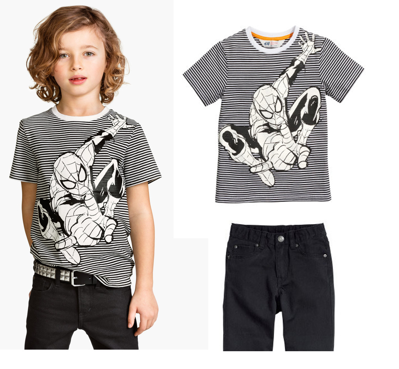 批发外贸男童女童<em>套装</em>蜘蛛侠条纹短袖t恤+<em>黑色</em>