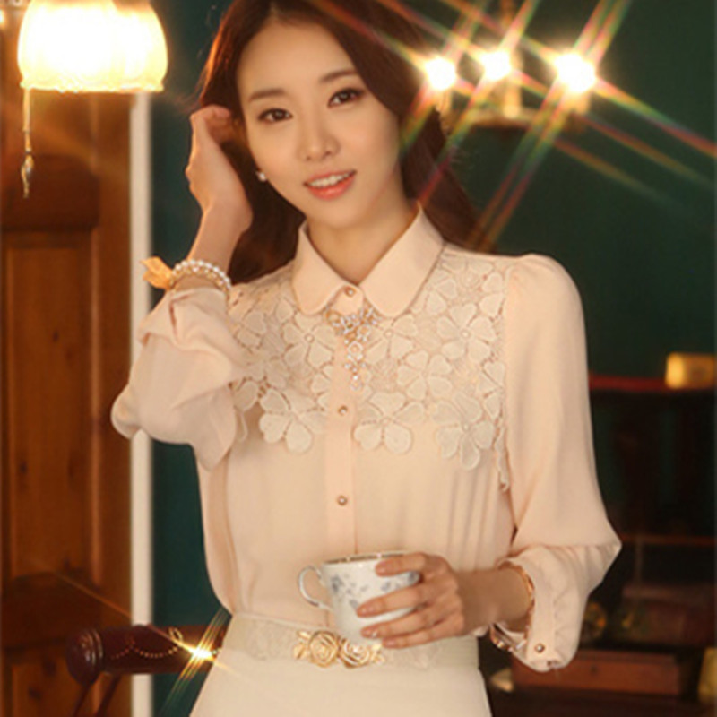 FFA005A-9202#2014春装新款长袖雪纺衬衣 拼