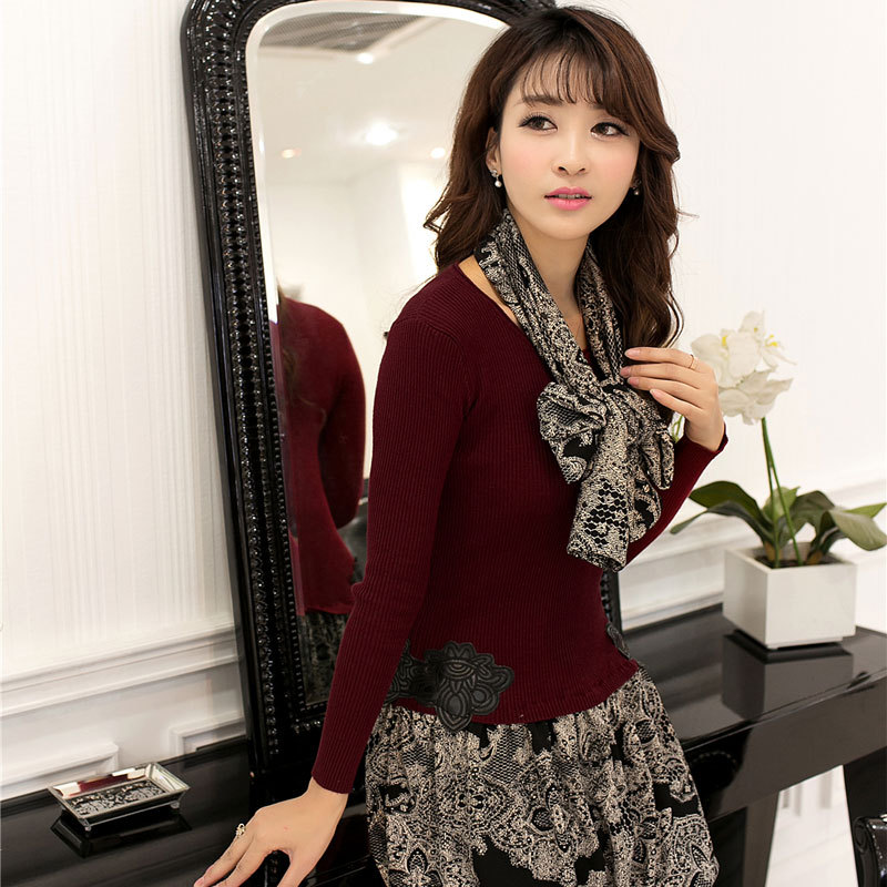 2014春款新款<em>毛衣针织打底</em>衫蕾丝拼接长袖连