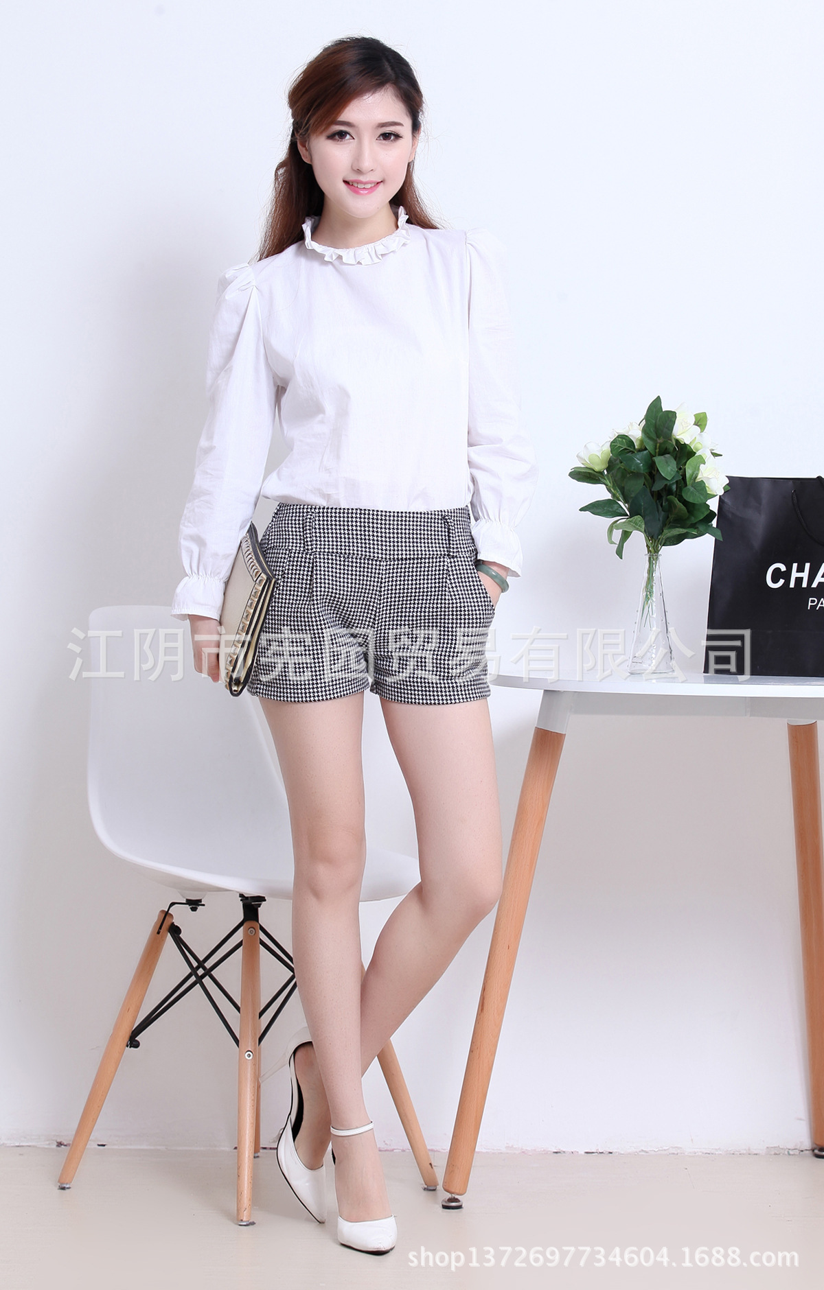 【2014春夏新款韩版千鸟格 <em>高腰裤 短裤</em>直销】