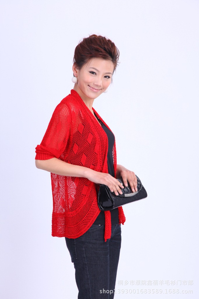 批发采购<em>女式</em>针织衫-中袖<em>圆摆</em>针织<em>开衫</em>镂空批