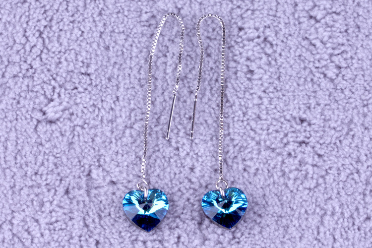 韩国女式长款海洋之心耳环925纯银蓝水晶耳线