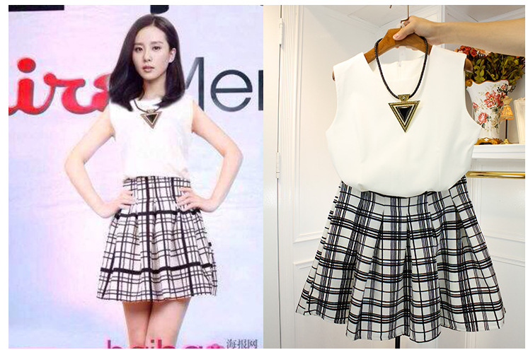  微信 代理  刘诗诗 同款雪纺背心高腰短裙套装 图