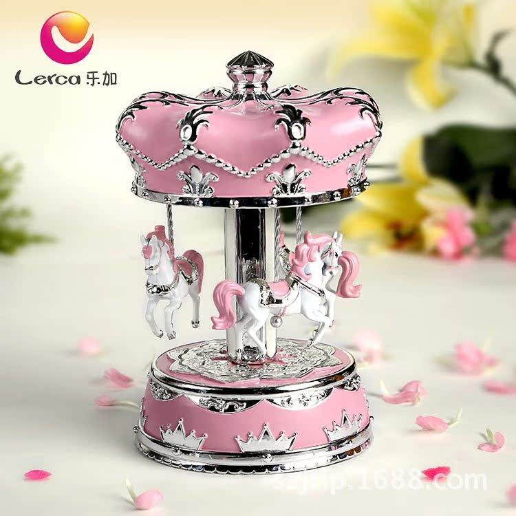 60340-乐加大号粉红银色旋转木马音乐盒-正面
