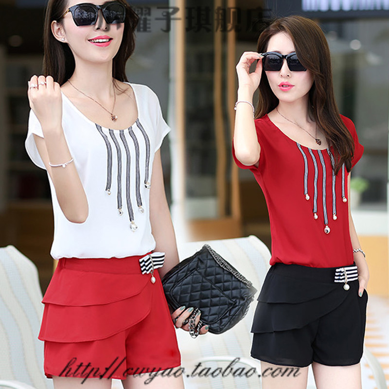 <em>雪纺套装夏女潮短裤</em>韩版小香风显瘦两件套短袖