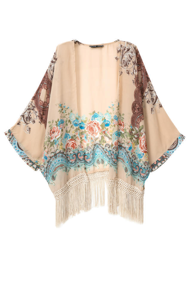 Vintage Women Ethnic Floral Tassels Loose Kimono Cardigan Jacket Blouse