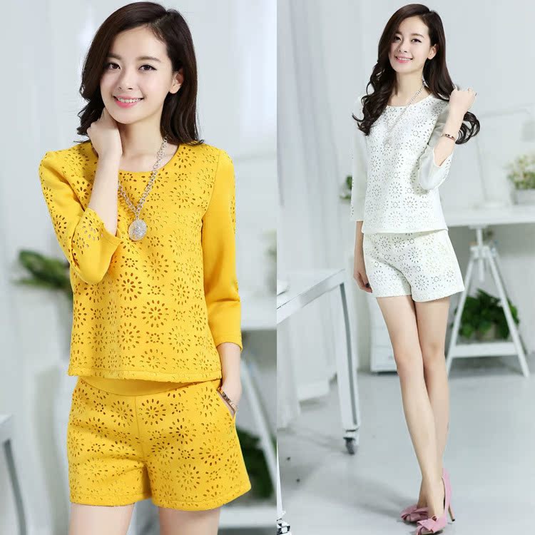 2014春装新款<em>名媛</em>套装<em>短裤</em>韩版修身小<em>香风</em>镂
