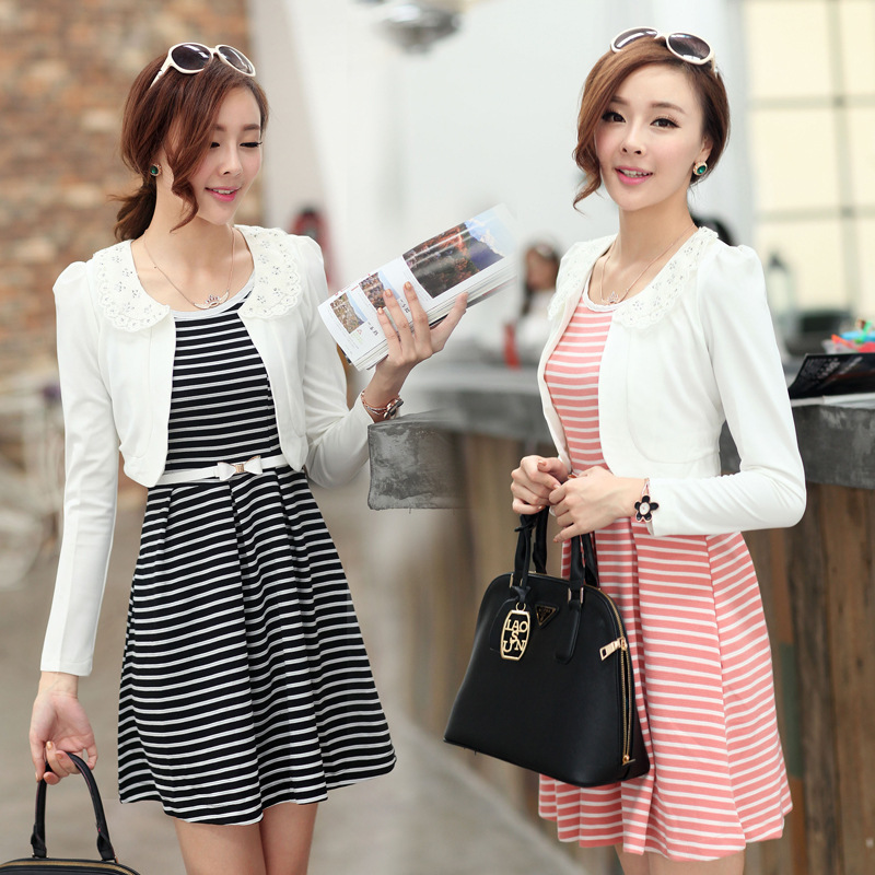 实拍2014<em>春季</em>新款<em>女装</em>甜美修身<em>两件套</em>条纹背