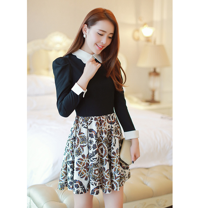 2014<em>春季女装</em>新款<em>韩版</em>拼接印花收腰连衣裙 泡